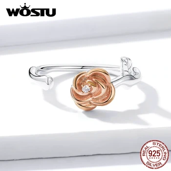 WOSTU Ægte 925 Sterling Sølv, Rose Guld Blomst Ringe Adjusetable Ring For Kvinder Bryllup Engagement Luksus Smykker CTR096