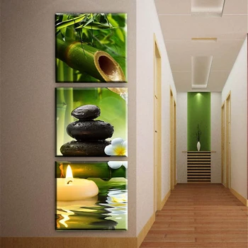 Lærred Home Decor Maleri 3 Stykker Grøn Bambus Billeder Modulære HD Trykt Sten Spa-Plakat Til stuen Væg Kunst Ramme