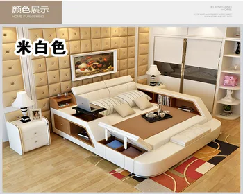 Virkelige Ægte læder seng frame Moderne Bløde Senge med opbevaring Hjem Soveværelse Møbler cama muebles de dormitorio / camas quarto