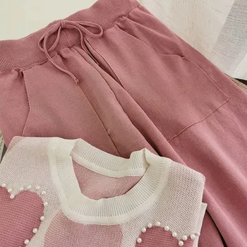 Søde Kvinder Rund Hals Perlebesat Hjerte Print Strikket Sweater + Høj Talje Ankel-længde Bukser Blå/Pink Sæt 2stk Passer til Kvindelige 2020
