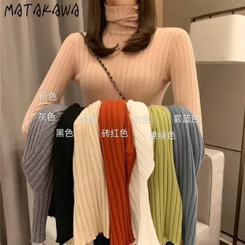 MATAKAWA langærmet Slank Sweater Kvinder 2020 Efterår Mode Rullekrave Bunden Top Pit Strip tætsiddende Indre Pullovere