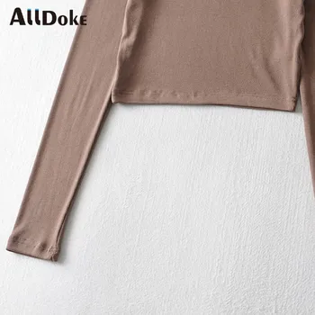 Alldoke Brun Høj Talje T-shirt Kvinder V-hals Lange Ærmer Sexet Slank Cropped Toppe I 2020 Foråret Efteråret Solid Korte T-shirt, Toppe
