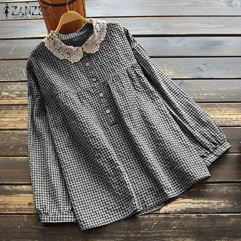 Oversize Vintage Bluse Kvinder langærmet Ternet Skjorte ZANZEA Retro Efteråret Afslappet Lace Patchwork-Toppe-Knappen Blusas Chemise 5XL