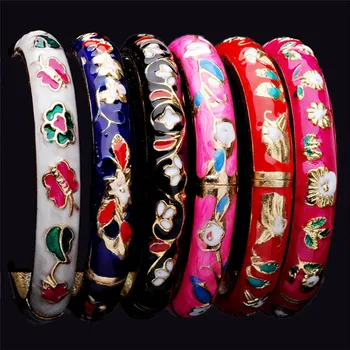 Pinksee 5pcs Mode Blandet Farve Emalje Cloisonne Blomst Armbånd til Kvinder Nye Design Etnisk Stil Cuff Åbne Armbånd Smykker