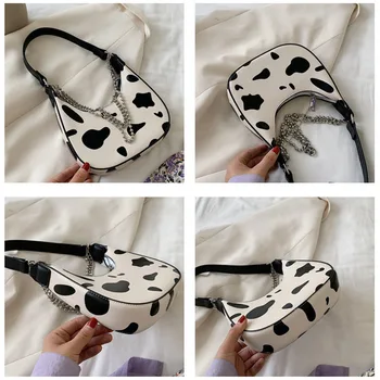 Ko-Mønster Design Lille Pu Læder Skuldertasker Til Kvinder 2020 Kvindelige Mode Kæde Håndtasker Tendenser Half Moon Armhule Tasker