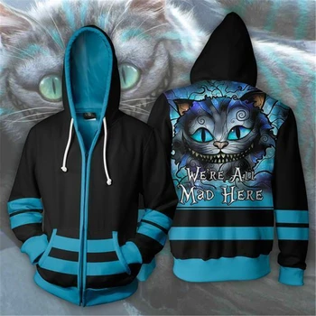 Alice i Eventyrland Cheshire Cat 3D-Print Sweatshirts og Hættetrøjer Cosplay Hætteklædte Afslappet Frakke Jakke