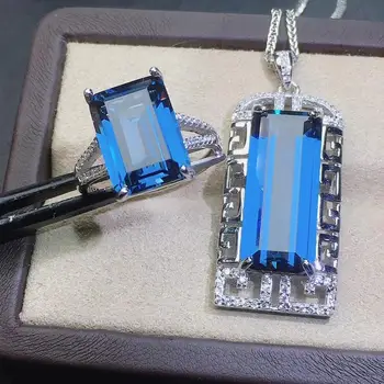 KJJEAXCMY fine smykker på en naturlig blå topaz 925 sterling sølv kvinder gemstone halskæde ring set support test luksus