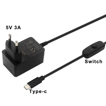 Raspberry Pi 4, 5V 3A Strømforsyning USB Type-C Strømforsyning Opladning Tænd/SLUK-kontakt DC Oplader til Raspberry Pi 4 Model B