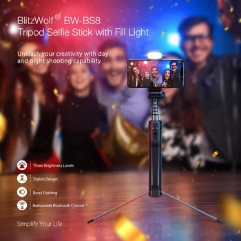 Blitzwolf 3 i 1 LED Fyld Lys bluetooth Wireless Selfie Stick Stativ, der kan Forlænges Monopod til iPhone Til Huawei 1/4 Skrue Kamera