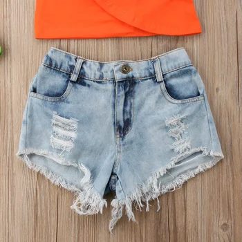 Citgeett Toddler Børn Piger Fra Shoudler Orange T-shirt+Denim Hot Bukser Shorts Tøj Mode Nyhed Sommer Sæt