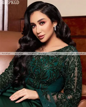 Luksus Krystal Mørk Grøn Arabisk Aften Kjole Jakke Side Slids Lang Blusset Ærmer Plus Size Dubai Prom Kjoler Til Formelle Kjoler