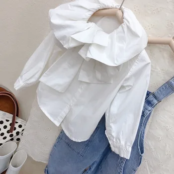 Nye forår 2021 koreanske piger shirt børn revers sløjfeknude flytbare hvid skjorte