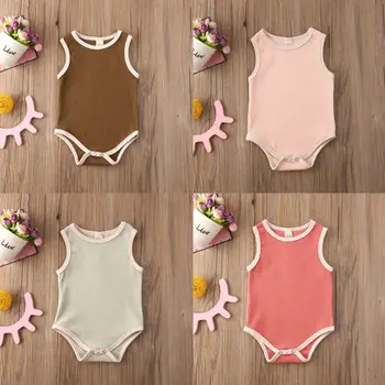 2020 Baby Sommer Tøj Spædbarn Baby, Dreng, Pige Tøj Buksedragt Ærmeløs Ribbet Bodysuit Solid Outfit 3-24M