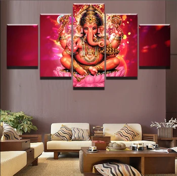Wall Art Moderne Lærred Trykt Elefant Hoved Guds Billede 5 Stykke Indien Tibetanske Ganesh Maleri Plakat Hjem Indrettet Til Stue