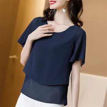 Nye Fashion Kvinder Chiffon Skjorte Toppe Stor størrelse M-7XL 8XL kontor dame Solid Bluse sort blå hvid elegante toppe 10 farve