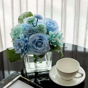 Glas Vase+Kunstig Blomst Sæt Lille Hoved Kunstig Rose Glas Gennemsigtig Vase til Skrivebord Kontor Top Kvalitet Silke Blomster Sæt