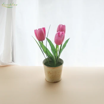 Zinmol 3 Hoveder Aritificial Silke Blomster Tulip Flores Hjem Bryllup Dekoration 1 sæt med jern støbning pot Falske Bonsai 4 farver