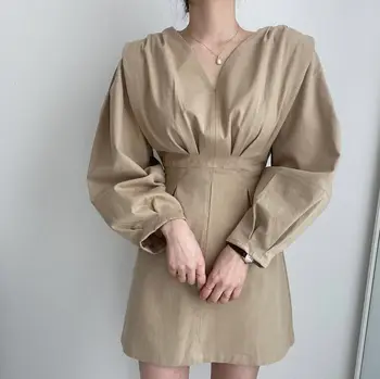 Smarte Solid Elegante Kvinder Casual Kjoler 2021 Foråret Langærmet V-Neck Sexy Kvindelig Kort Mini Kjole Mujer Vestidos Dropshipping