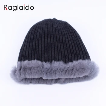 Raglaido Kanin vinteren pels hat til Kvinder, russiske Ægte Pels Strikket hue headgea Vinter Varm Beanie Hatte 2019 fashion brand LQ11279