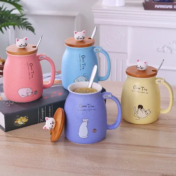 Kreative Krus varme-resistente tegnefilm med låg Ske cup killing og keramisk krus børn cup kontor Sød Kat Drinkware gave