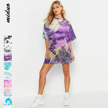 Ny Summer Harajuku-Tie-Dye Udskriver Kvinder Elastisk Løse Korte Ærmer Hip Hop Casual T-Shirt Midi-Toppe Plus Size Hurtig Tørring