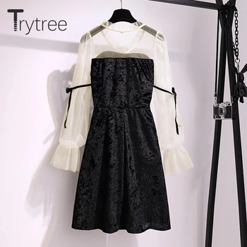 Trytree 2020 Foråret, Efteråret Kjole Kvinder Casual V-hals linje, Mode, Vintage Patchwork Mesh Elegant Temperament Mini Kjole