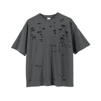 Mænd ' s Sommer-Trend Mode Bomuld Farve Hullet T-shirt Afslappet Retro Løs Runde Krave Vasket Flossede Hip Hop Korte Ærmer