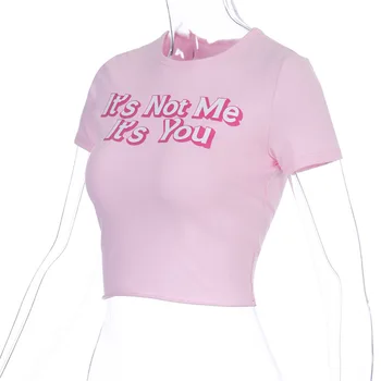 InstaHot Brev Beskåret T-hirt Damer Rund Hals Pink kortærmet Sommer t-shirt, Slim Bomuld Minimalistisk Kvinder T-shirt 2020
