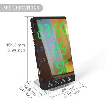 6tommer Smart LED Spejl Vækkeur Digitalt Udsæt Tabel Ur Wake Up Light Elektroniske Lang Tid Hygrometer Temperatur Display