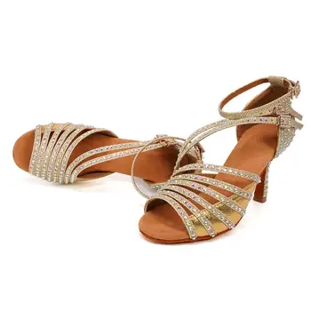 DKZSYIM Latin dance sko damer rhinestone salsa glitter ballroom sandaler party dans sko med høj hæl 6-10 cm sort sølv guld