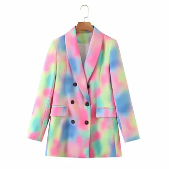 Streetwear Kvinder Mode Tie-dye Blazer Jakke Dobbelt Breasted Print Suit Jacket Løs Damer Harajuku Blazere Pels 2020 Ny