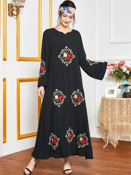 Siskakia Falde 2020 Nye Etniske Broderede Lange Maxi Kjole Elegant Sort O-Hals Fuld Ærme Løs Plus Size Arabisk Muslimsk Tøj