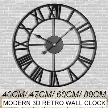 40/47/60/80cm Moderne 3D Store Retro Sort Jern Runde Kunst Hule Metal Væg Ur Nordiske Romertal Ur Hjem Dekoration