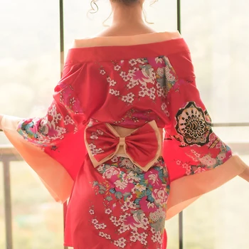 Sexet mousse Undertøj kimono tynd is silke løs nightdress midnat charme fristelsen dyb V-udskrivning Japansk kimono pyjamas