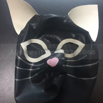 Søde latex gummi kat kvinder emhætter sort hætte, maske med hvide ører tilbage zip-custom made RLM258