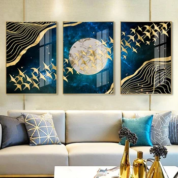Abstract Månen Væg Kunst, Lærred Maleri Gyldne Bjerg Fugle Nordiske Plakater og Prints Væg Billeder til stuen Home Decor