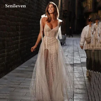 Smileven Boho brudekjoler A-line 2021 Stjerner mousserende Blonder Spaghetti-Stropper Side Split Bride Kjoler vestido de casamento