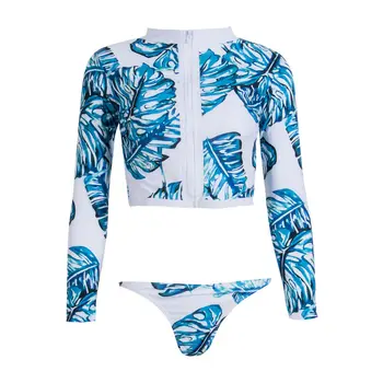 Kvinder Badetøj Print Blomster Med Lange Ærmer Tilbage Se-Gennem Crop Tops Trekant Trusser Bikini Sæt Badedragt Surfing, Badning Suit