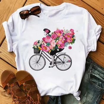 Lykke Blomst Cykel Kvinder Tshirt Kvindelige Harajuku Kort Ærme T-Shirts Pige Tegnefilm Casual Tops Tees