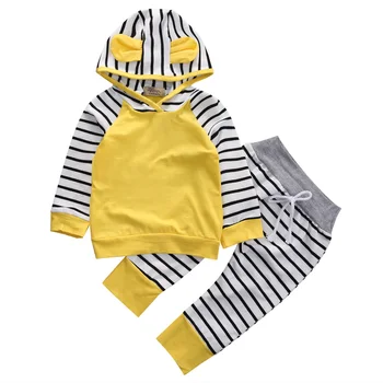Nyfødte Barn Baby, Dreng, Pige Tøj Sæt Stribet Hætte Sweatshirt Og Lange Bukser Udstyr 2stk Sæt Tøj
