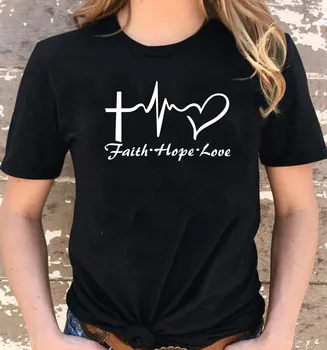 Tro Håb Kærlighed Breve Udskrive Nye Mode Kvinder Tshirt O-Hals Shirts Toppe Tshirt Sjove Tee Kvinde Grafisk Tøj, T-Shirts