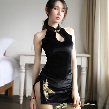 Kvinder Broderede Retro Bryllup Sexet Fristelsen Black Velvet Side Split Mini Kjole Phoenix Broderet Kinesisk Qipao Kjole