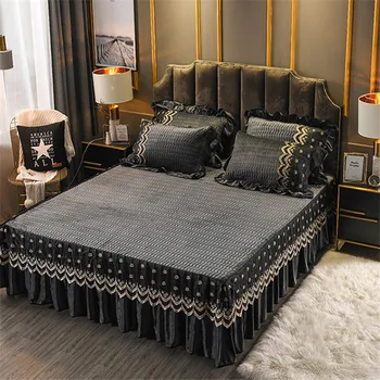 Crystal Velvet kantsyet bed cover 3stk Europæiske sengetæpper anti-slip ensfarvet velour madrasbetræk luksus kvalitet, multi-størrelse