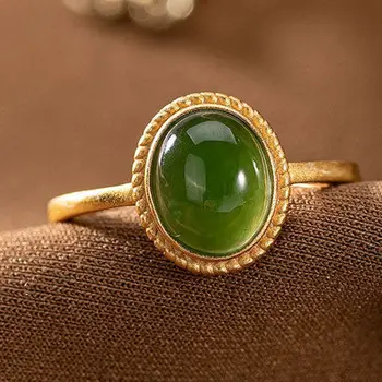 Nye sølv indlagt naturlige Hetian Jasper åbning justerbar ring unikke gamle guld håndværk charme kvinders mærke smykker
