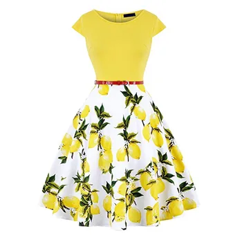 2019 Sommeren Kvinder Vintage-50'erne, 60'erne Cap Ærmet O Hals Blomster Blomst Citron Trykt'er Pin-up skater kjole afslappet Ny