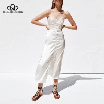 Bella philosohy kvinder 2019 sommeren elegant hvid høj talje kjole damer spaghetti strop casual kjoler kvindelige blonder A-Line kjole