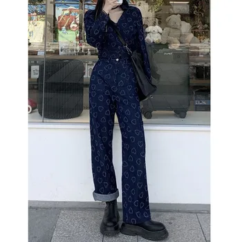 Jordbær-Deep Blue Denim Jeans og Jakke To Stykker Sæt til Kvinde Tøj Designer Luksus Harajuku Kvinde Tøj