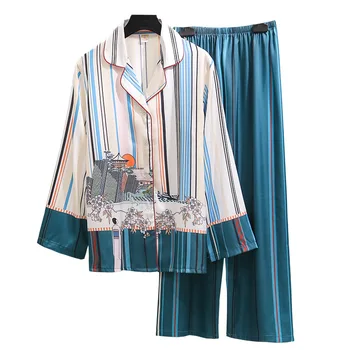 Nyt Produkt Is Silke Pyjamas Foråret Damer langærmet Satin Stribet Pavilion-Hjemme-Service, der Passer Loungewear Kvinder Nuisette Femme