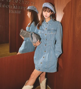 FINEWORDS Vintage koreanske Blå Denim Kjole Kvinder Enkelt Knap Sexet Mini Jeans Kjoler Casual Streetwear Lange Ærmer Foråret Kjole