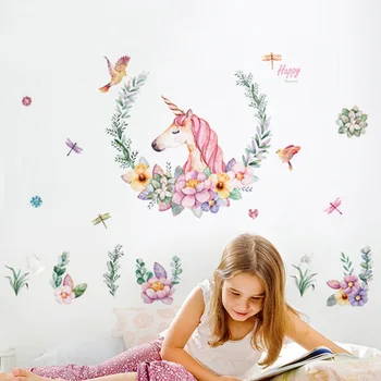 Tegnefilm Unicorn Garland Wall Stickers Nordiske Stil Kids Room Living Room Indretning, DIY Hjem vægoverføringsbilleder Mærkat